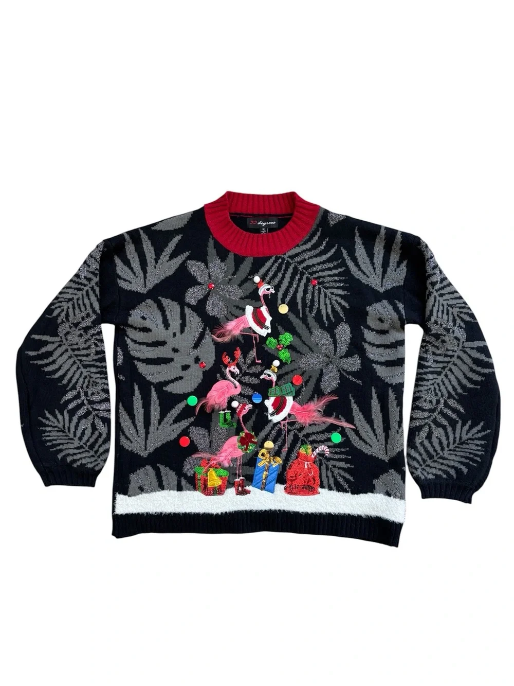 33 Degrees Ugly Christmas Sweater Tropical Flamingos Black Gray